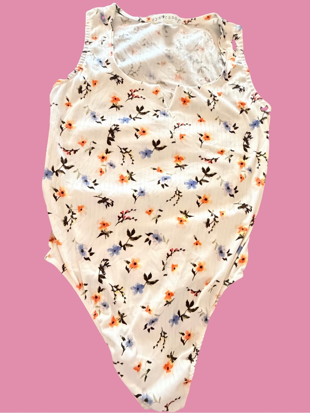 eye candy White Floral Tank Bodysuit with Orange and Light Blue Flowers